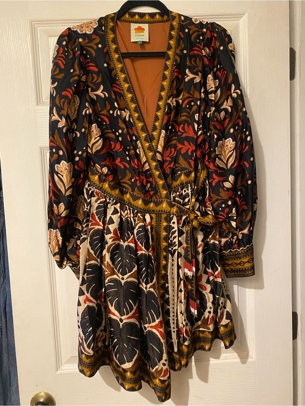 FARM Rio Black Floral and Rust Wrap Mini Dress